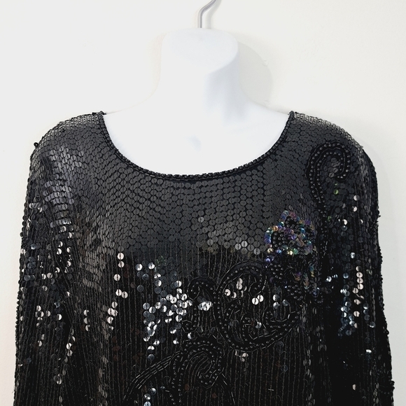 Royal Feelings Black Silk All Over Sequin‎ Vintage  Evening Top - Picture 2 of 7